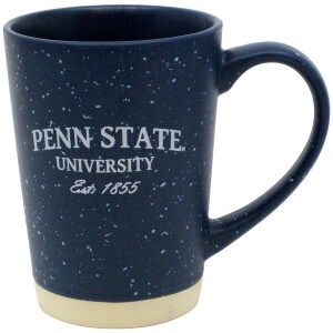 navy speckled mug with white Penn State University Est. 1855 and unglazed bottom